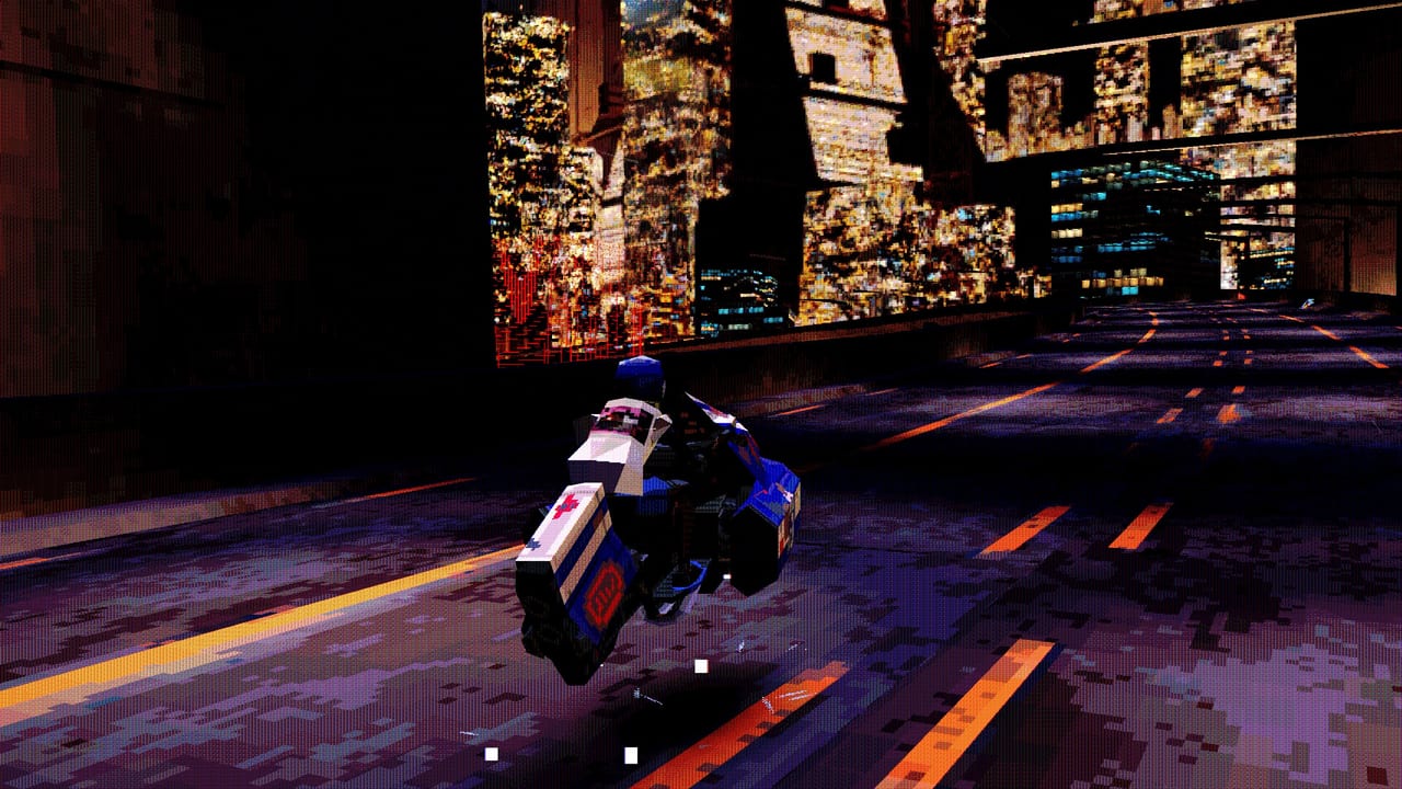 A rider on a chrome airframe speeding down a night highway in Megacity West, city lights smeared across the walls.